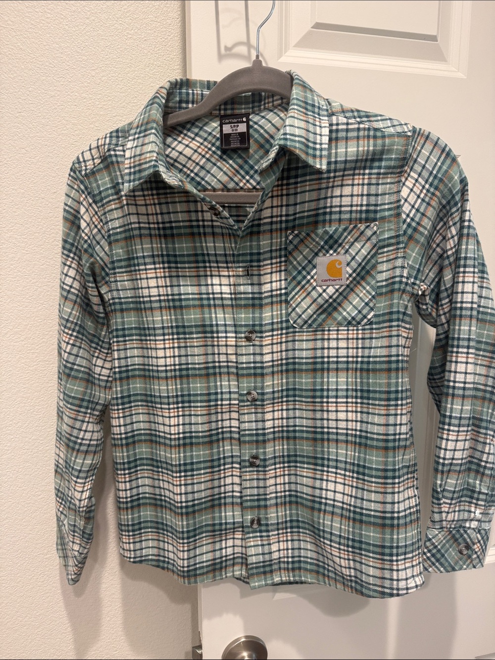 Carhartt Boys' Green and White Plaid Button-Down Shirt